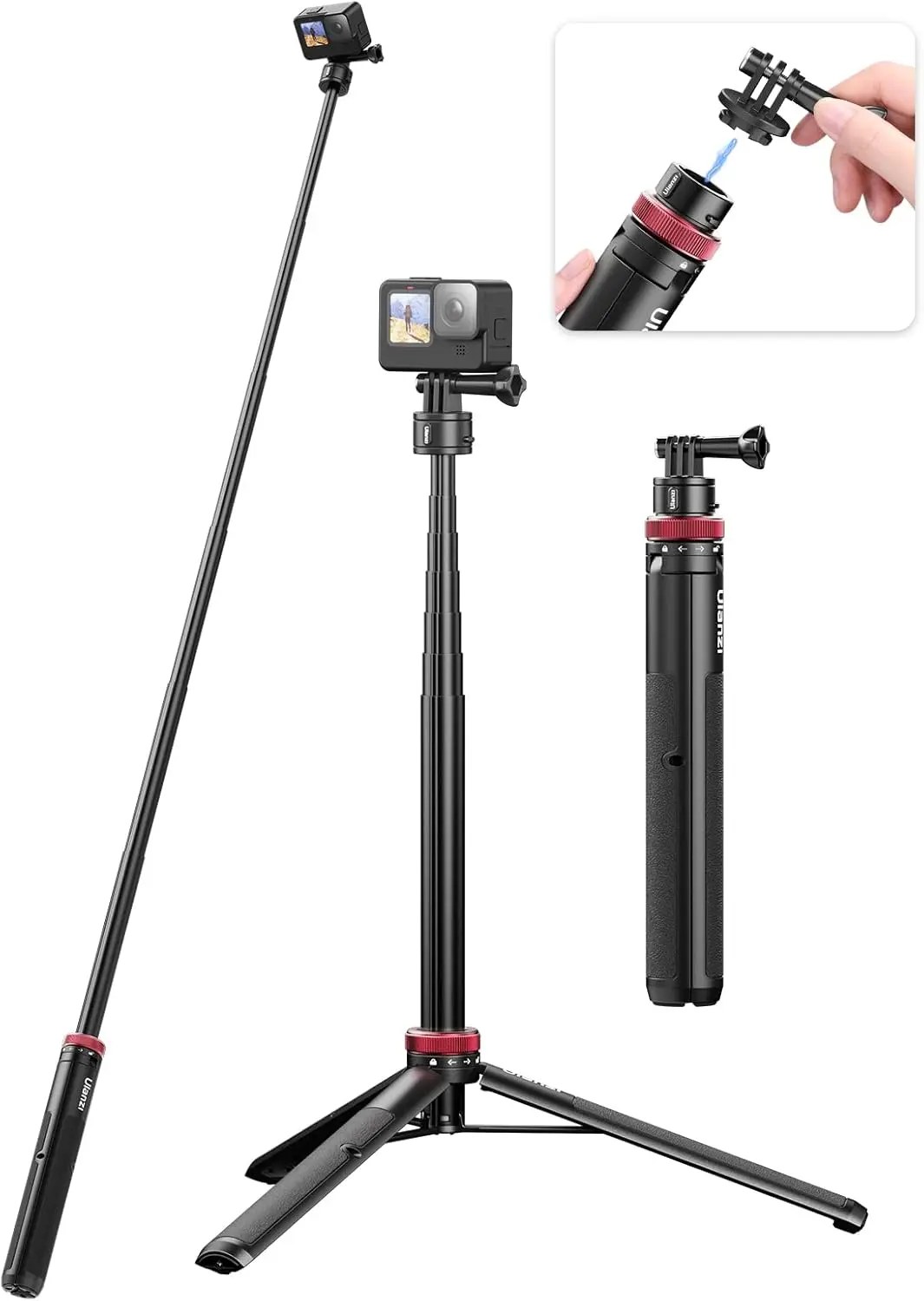 57in Extendable Selfie Tripod for Action Cameras -    Go Quick II Long Action Camera Stick Tripod Quick Release Adapter
