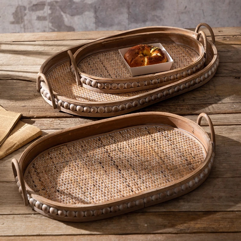 Vintage Style Rattan Woven Tray Solid Wood Fruit Basket Multipurpose Storage Plate Natural Farmhouse Kitchen Serving Dish
