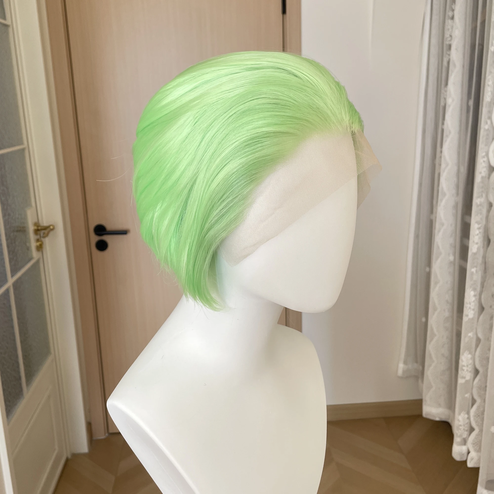 Light Green Short Bob Cut Cosplay Wigs for Men Free Part 13x4 Synthetic Lace Front Wigs for Women Glueless Half Hand Tied 150%