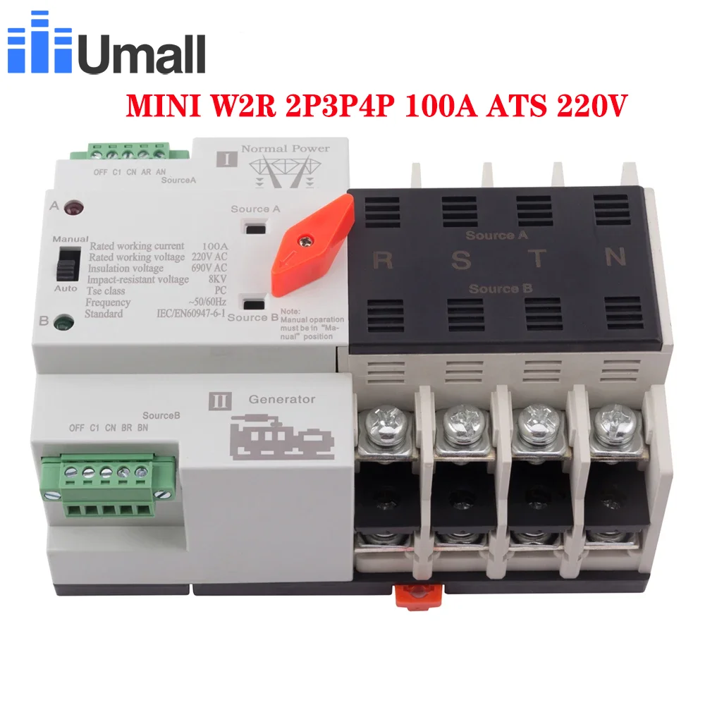 

Mini W2R 2P3P4P 100A ATS 220V Dual Power Automatic Transfer Switch Electrical Selector Switches Circuit Breakers Generator Part