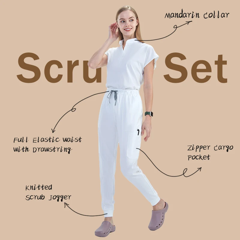 ULTRAIR Mandarin Collar Scrubs Uniforms Sets Polyester Spandex White Hospital Jogger Nursing Medical Scrub Workwear S180-02