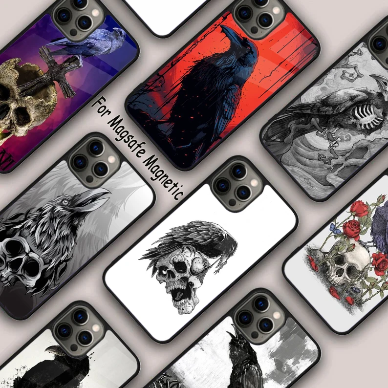 Raven Crow Skull pattern Magnetic Phone Case For APPLE iPhone 16 14 13 12 11 Pro Max 15 Plus Wireless Charge With MagSafe Cover