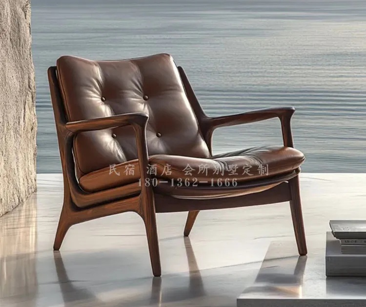 HYS New Chinese Solid Wood Sofa Chair Modern Hotel Leisure Chair Villa Living Room Lazy Leather Sofa Chair