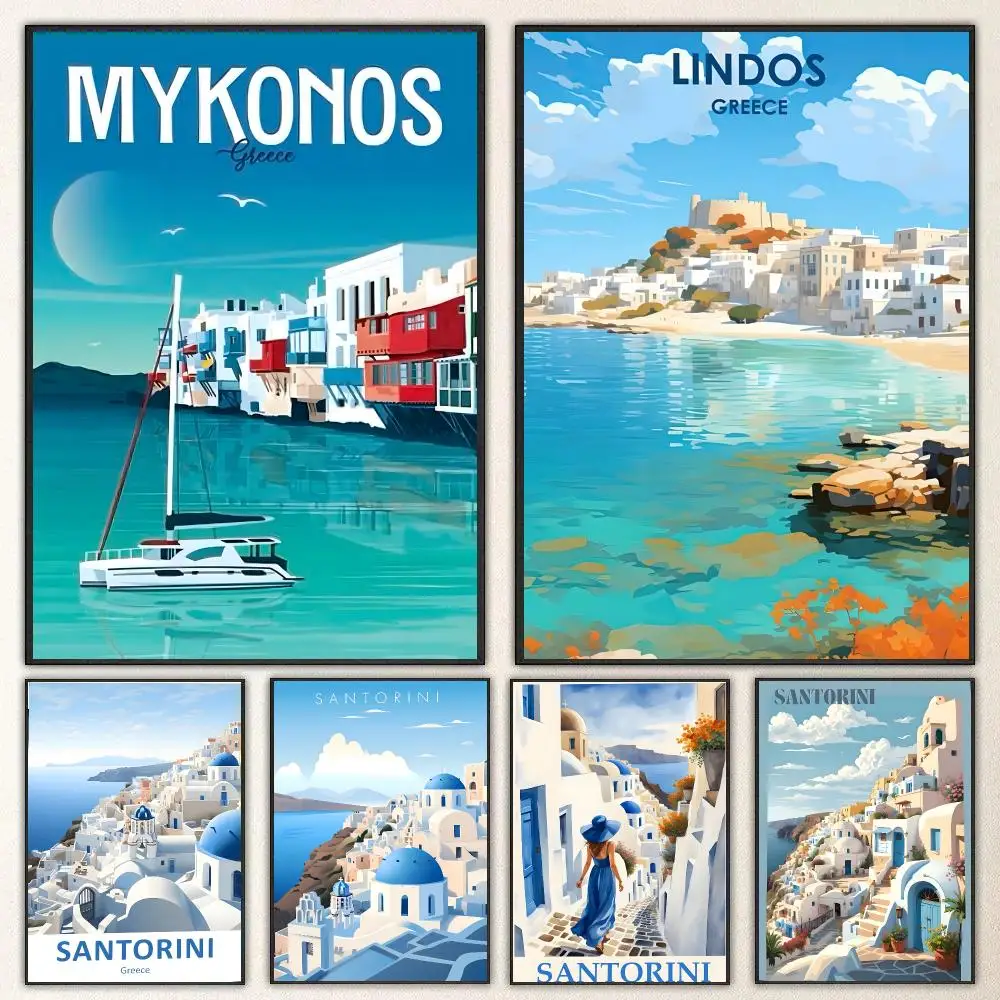 Pattern Santorini Greece Poster High-definition  poster stickers, suitable for bedroom, living room, home decoration