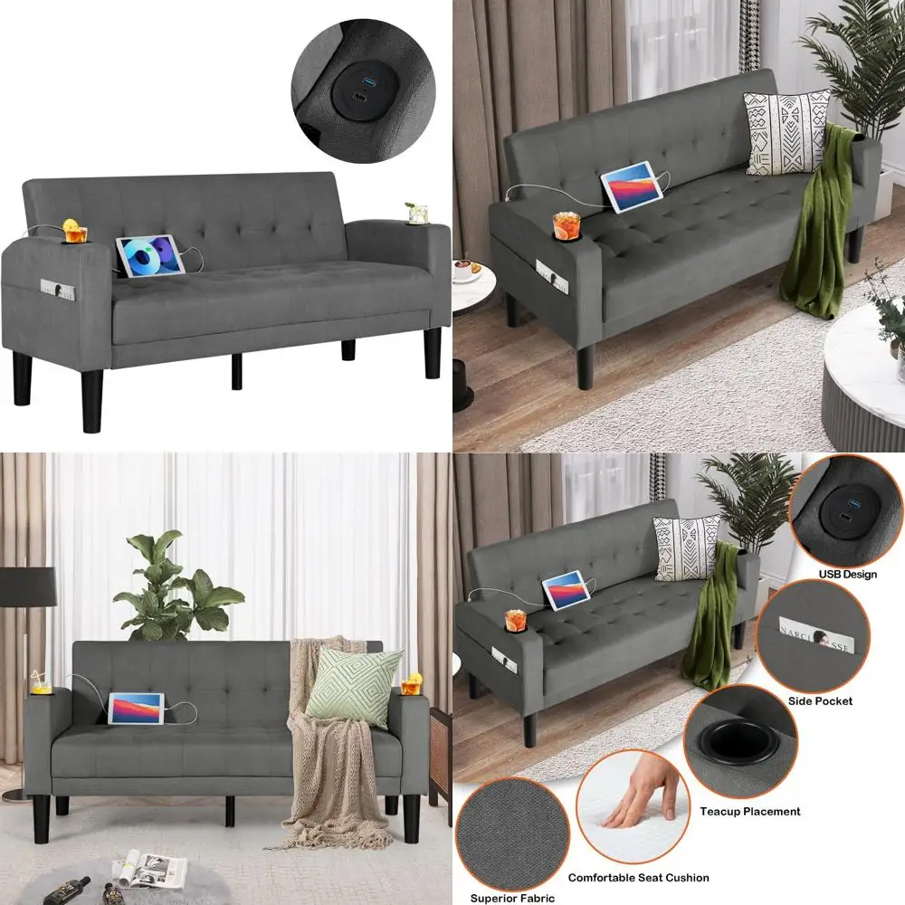 Modern Tufted Linen Fabric Loveseat with USB Ports, Cup Holders, and Side Pockets for Comfortable Seating
