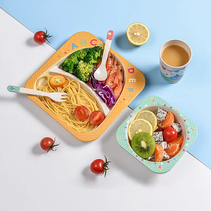 Kids Lunch Box Bamboo Fiber Children\'s Tableware Set Creative Cartoon Bowl Split Dining Plate Spoon Fork Cup 5PCS Set Tableware