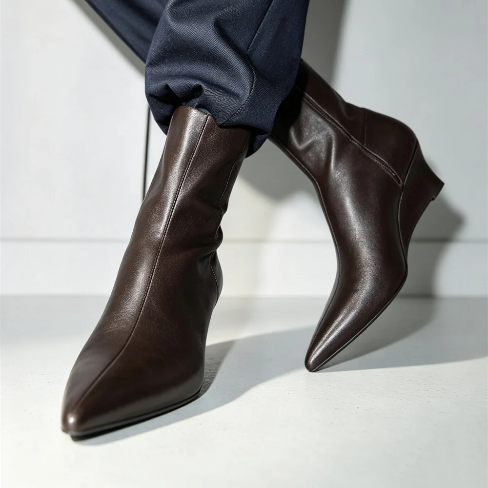 Women's Genuine Leather Pointed Toe Wedge Ankle Boots
