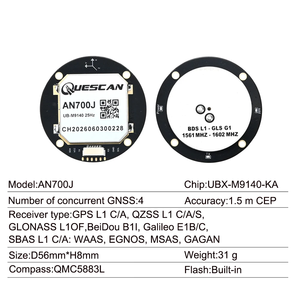 Módulo de Antena GPS GNSS QUESCAN AN700J UBX M9 25Hz com Bússola, Receptor GPS BeiDou Galileo GLONASS para Controlador de Voo NMEA RTCM