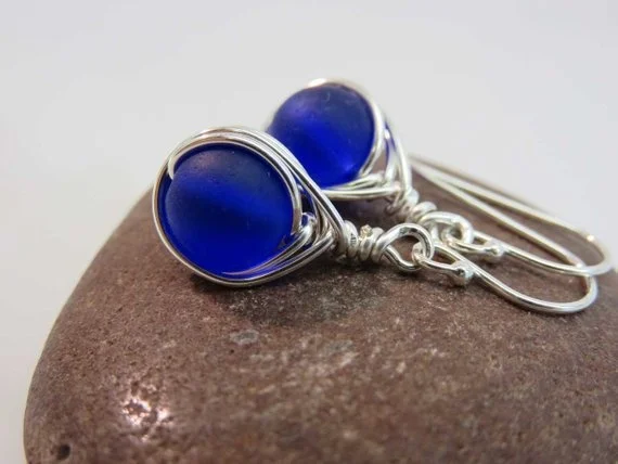 dark blue seaglass earrings sterling silver herringbone wire wrapped cultured sea glass beads argentium silver