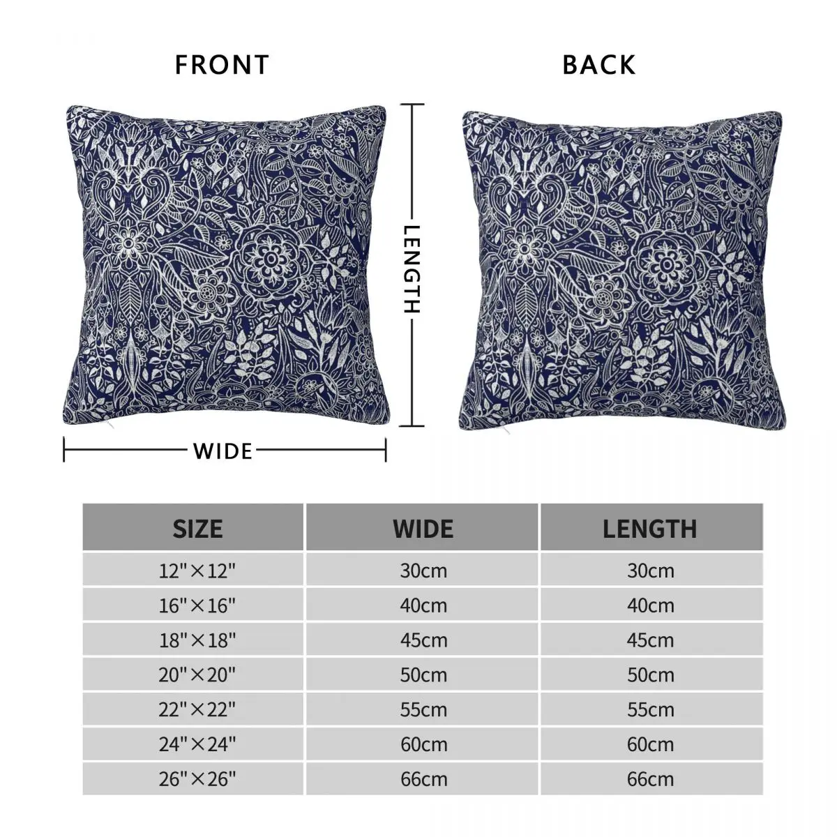 Detailed Floral In White On Navy Square Pillowcase Polyester Linen Velvet Printed Zip Decorative Bed Cushion Cover 45x45