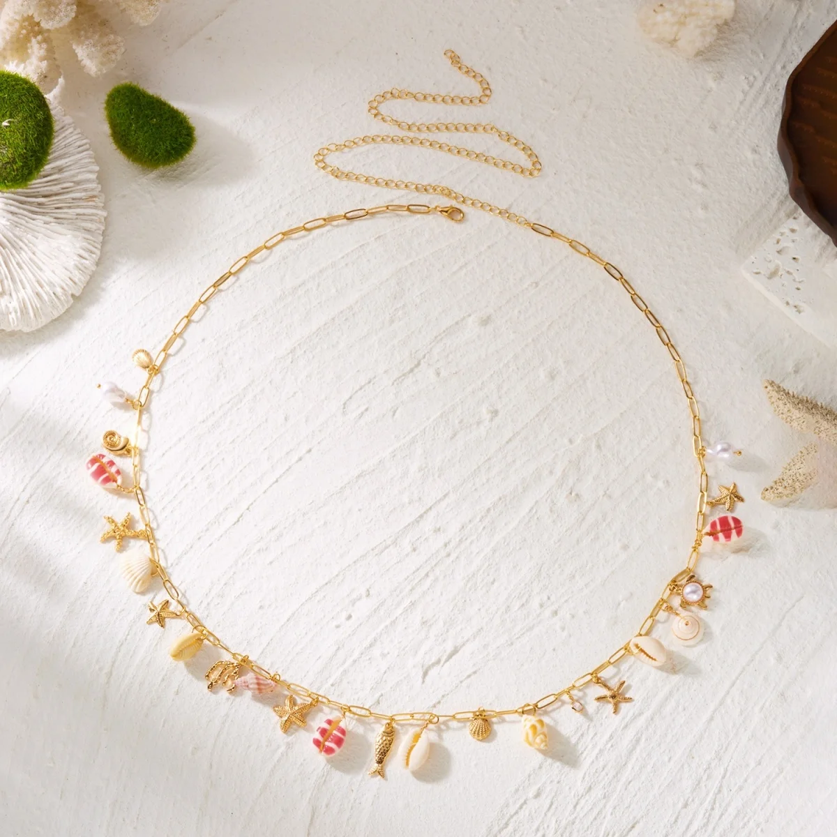 Sommerliche, bunt bedruckte Muschel-, Seestern- und Fisch-Taillenkette für Damen und Herren, Boho-Stil, imitierte Perlen, Korallen-Bauchkette, Körperschmuck – Detail 22