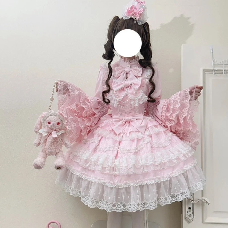 Lolita Kawaii Y2k Langarm-Trägerkleid Japanisches Knielanges Damenkleid Elegantes Spitzen-Schleifen-Patchwork-Ballkleid Süß für Alle Jahreszeiten – Detail 2