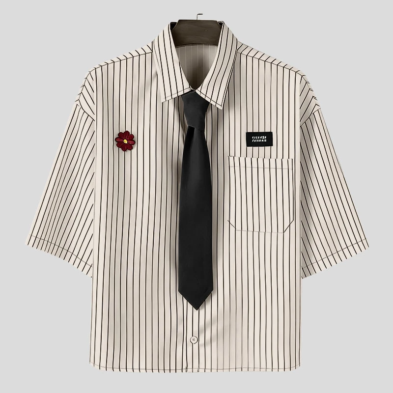 

INCERUN Мужская рубашка в полоску с цветочным принтом в стиле пэчворк с лацканами и коротким рукавом Мужская одежда с галстуком Уличная одежда Свободные повседневные рубашки в корейском стиле