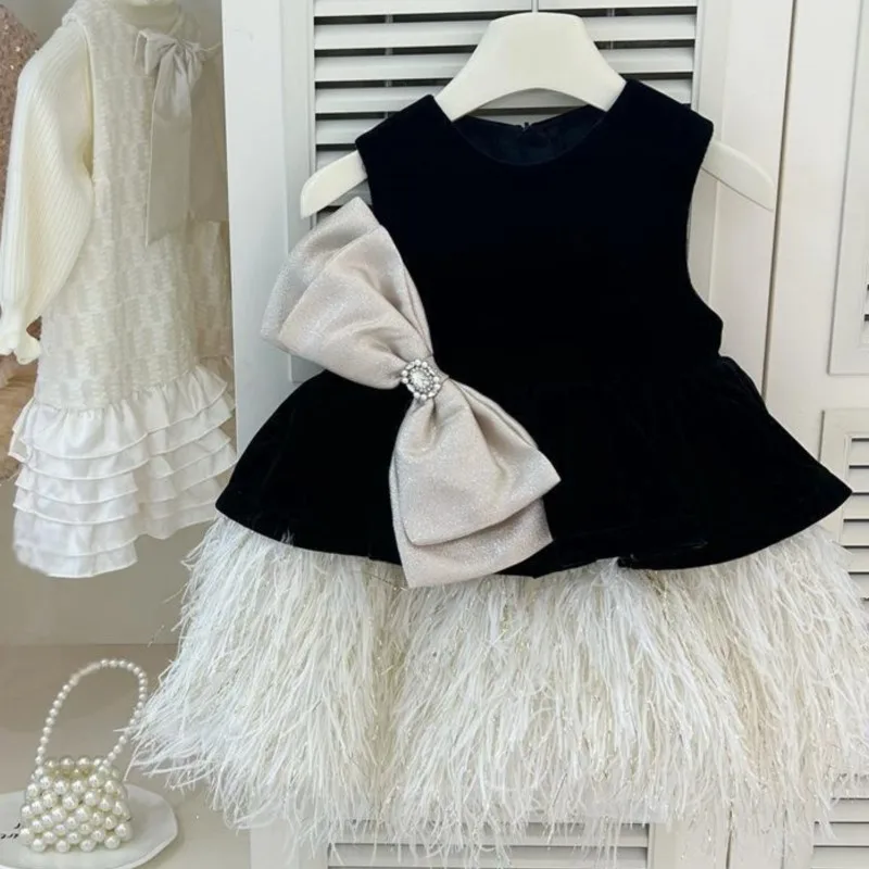 Baby Girl Princess Bow Dress Sleeveless Infant Toddler Child Vintage Velvet Tassel Vestido Birthday Pageant Baby Clothes 1-7Y