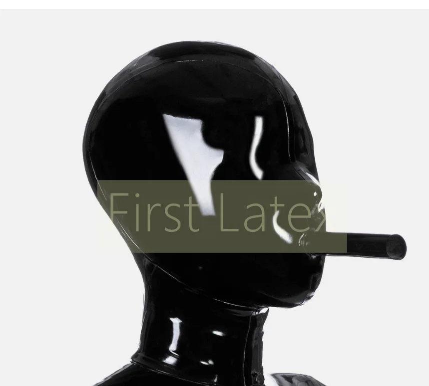 

Natural Latex unisex mask hood with mouth black tube open nose close eyes fetish halloween cosplay mask Back Zipper Club Wear