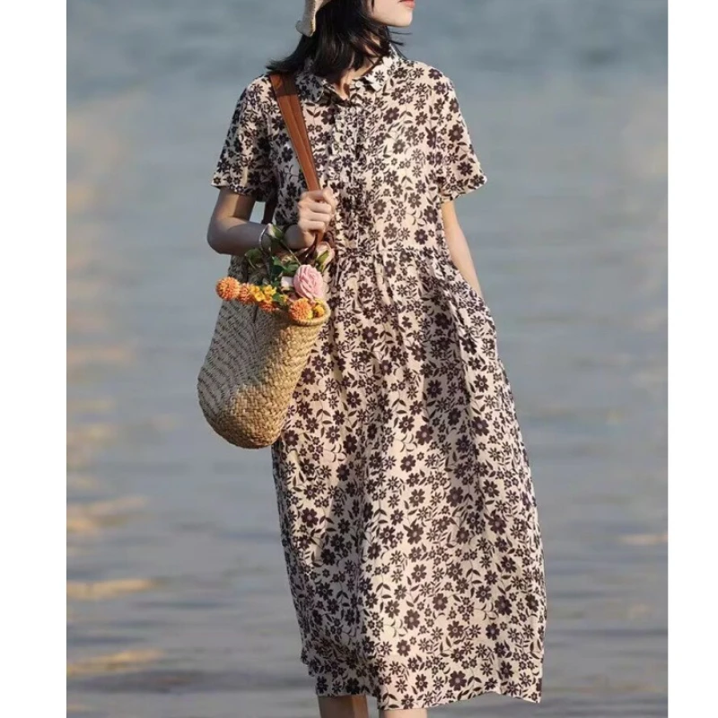 

Elegant Printed Lotus Leaf Collar Dress with Short Sleeves and Long Beach Holiday Style Women's Long Skirt