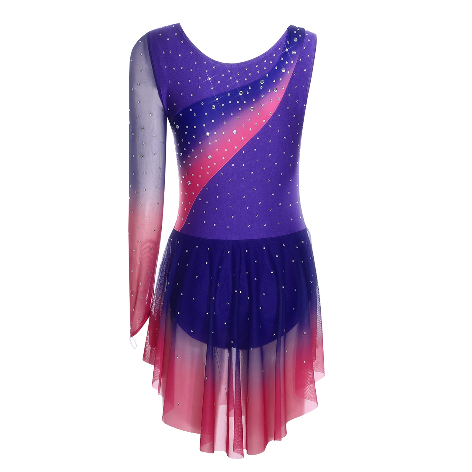 أزياء الباليه التانغو اللاتينية لمسابقات الرقص بأحجار الراين غير النظامية بحاشية شبكية للجمباز يوتار السالسا تشاتشا ارتداءها