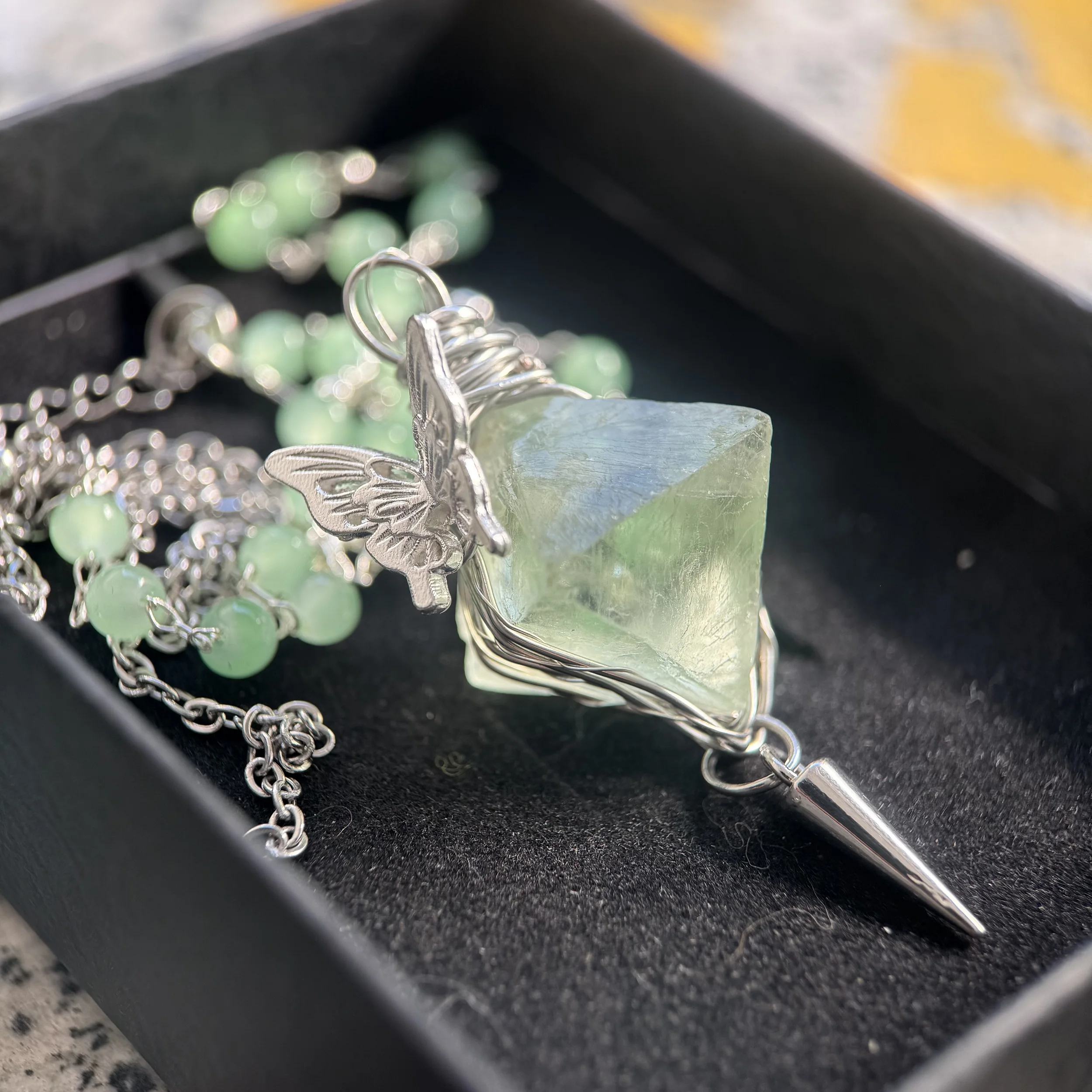 Handmade Wire Wrapped Octahedron Green Fluorite Pendulum Pendant, Healing Crystal Spiritual Hanging Ornament Decor