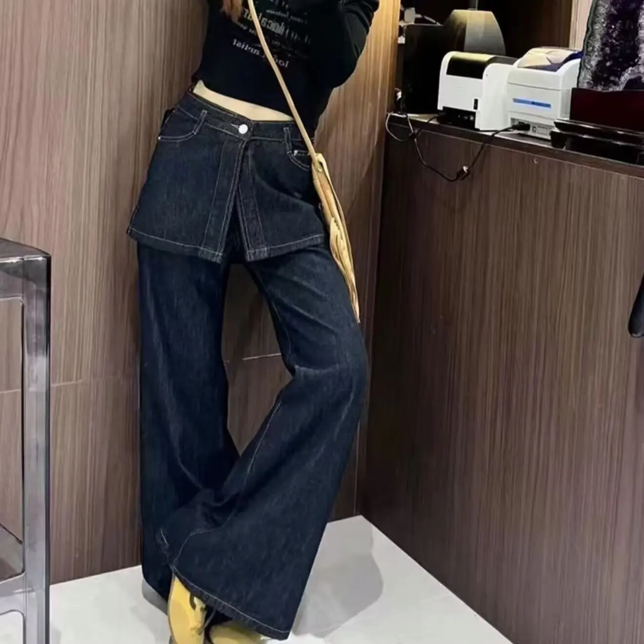 

Blue fake two piece covered jeans women's autumn and winter new high waist slimming wide leg straight leg versatile floor pants