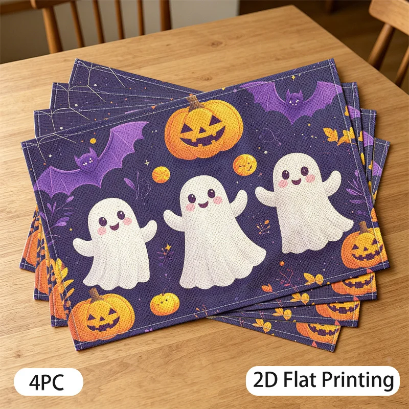 4pcs Place Mats, Cartoon Style Halloween Cheerful Cute Ghosts Pumpkins Pattern, 2D Flat Printing, Fade-Resistant, Polyester