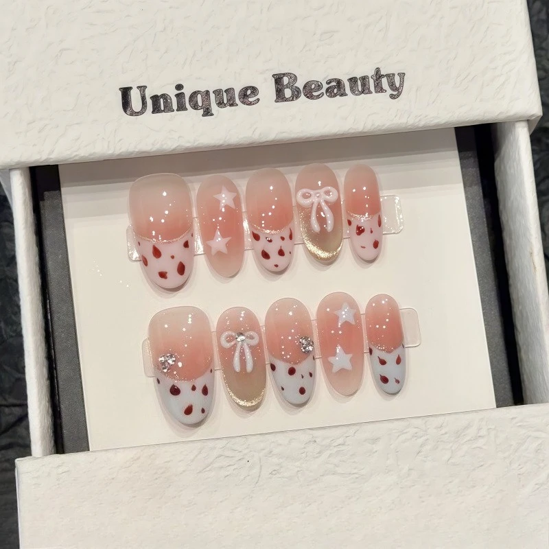 

10Pcs Pink Leopard Print Press on Nails French Almond Fake Nails Stars Bowknot Diamond False Nails Cat Eye Gradient Acrylic Nail