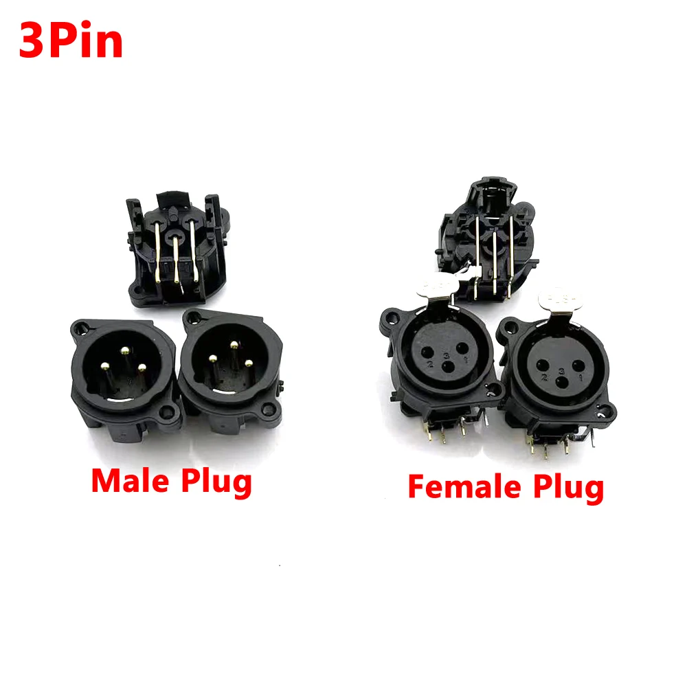 100pcs XLR 3 Pin Male Female Socket bent needle Connector Square Shape PCB Panel Mount Chassis 180 Degrees XLR Adapter Connector