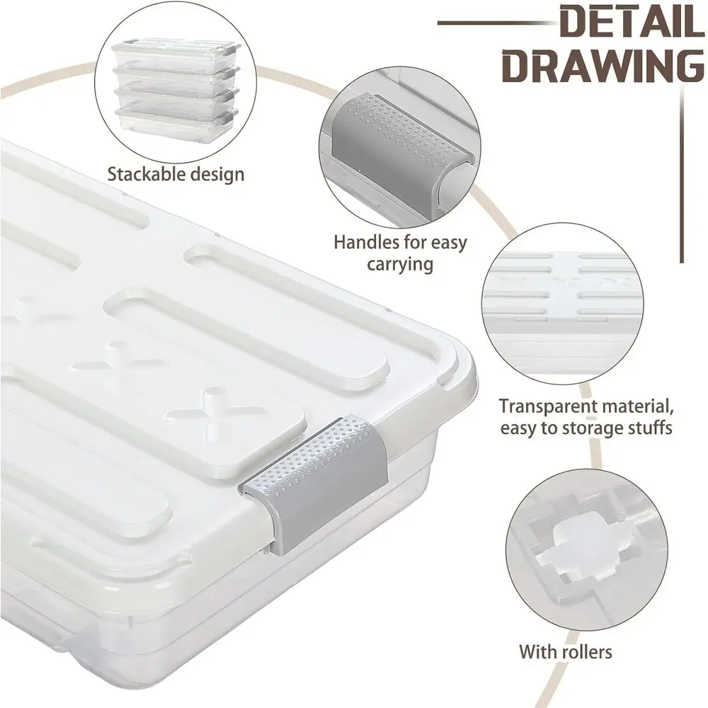 Grandes caixas de armazenamento de plástico transparente com rodas e tampas para uso embaixo da cama, ideais para roupas, sapatos e cobertores (23,7 x 15