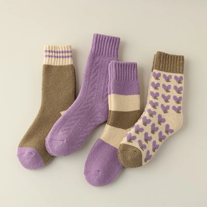 5 أزواج الجوارب النسائية سميكة الدافئة مريحة لينة جوارب يمكن السير بها على الأرض لفتاة حزمة الأرجواني الحب الحلو لطيف الأوسط جوارب أنبوبية