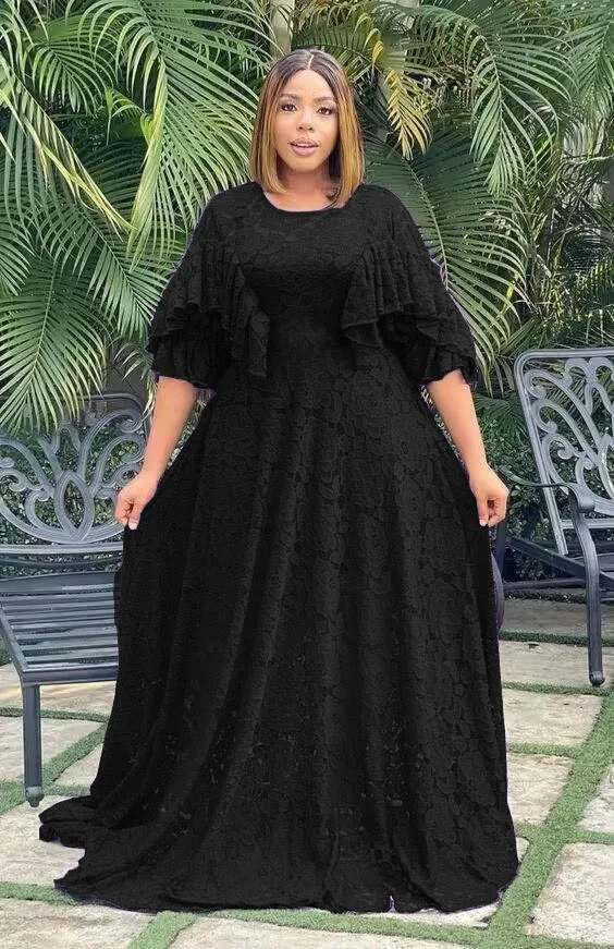 African Dresses for Women Summer African Elegant Flare Sleeve Party Birthday White Black Purple Lace Long Dress African Clothes