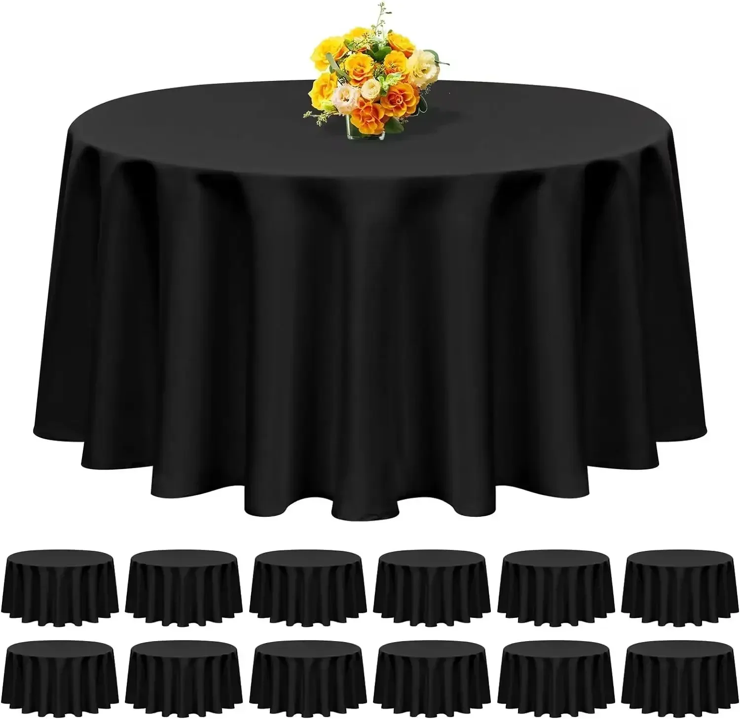 

%a 12 Pack Round Tablecloth 108 Inch - Black Polyester Table Cloth for Round Table, Premium Stain and Wrinkle Resistant Washab