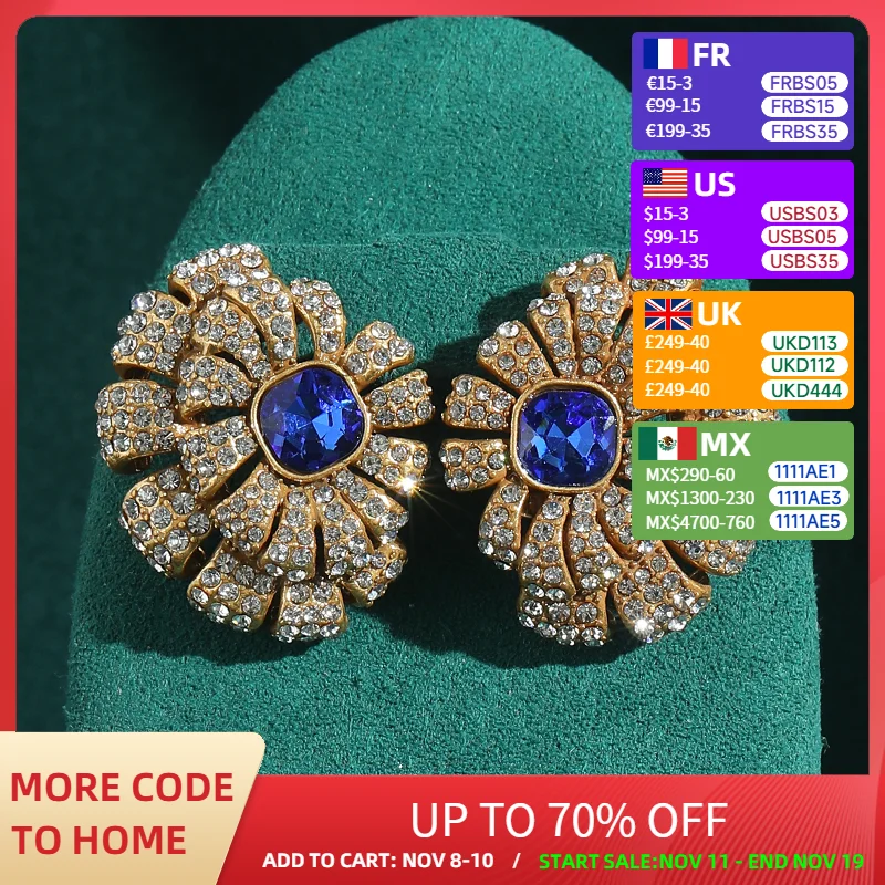 

Винтажные антикварные серьги-гвоздики со стразами и цветами, женские цветочные аксессуары, синие кристаллы, ювелирные изделия золотого цвета, роскошные ювелирные изделия высокого качества