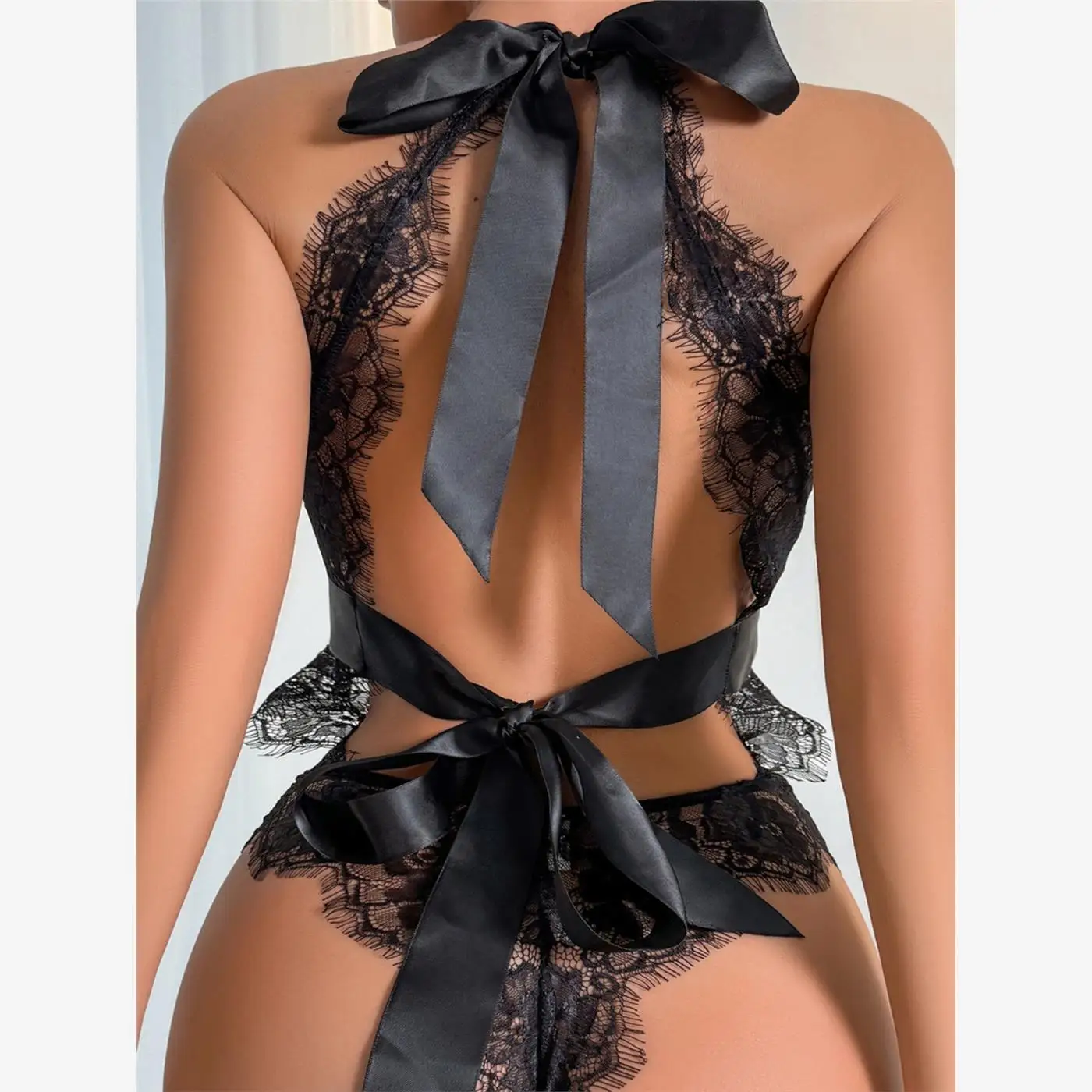 

Bla Lace Knot Tie Ba Piece Bodysuit orts Inner Wear Transparent Inteated Design Low Waist Diamond Embel...