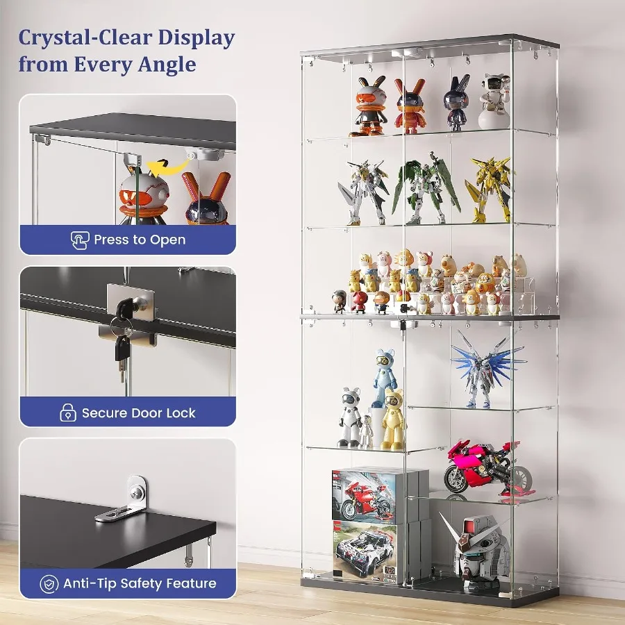 Full Glass Display Cabinet for Collectibles: Tempered Glass, Black, RGB Lights with Adjustable Brightness view 6