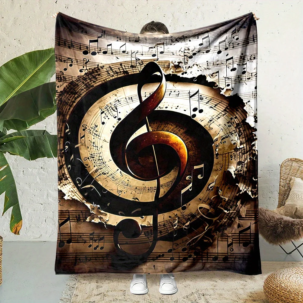 Music Note Print Flannel Throw Blanket, Reversible, All-Season, Contemporary Style, Durable Polyester, Soft and Warm, 200-250g F
