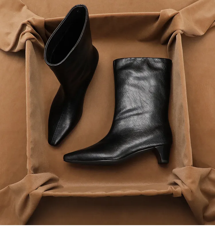 

SHOEBOX Genuine Leather Slim-Fit Mid-Calf Ankle Boots for Women Fall/Winter New Arrival Plush-Lined Versatile Square-Toe