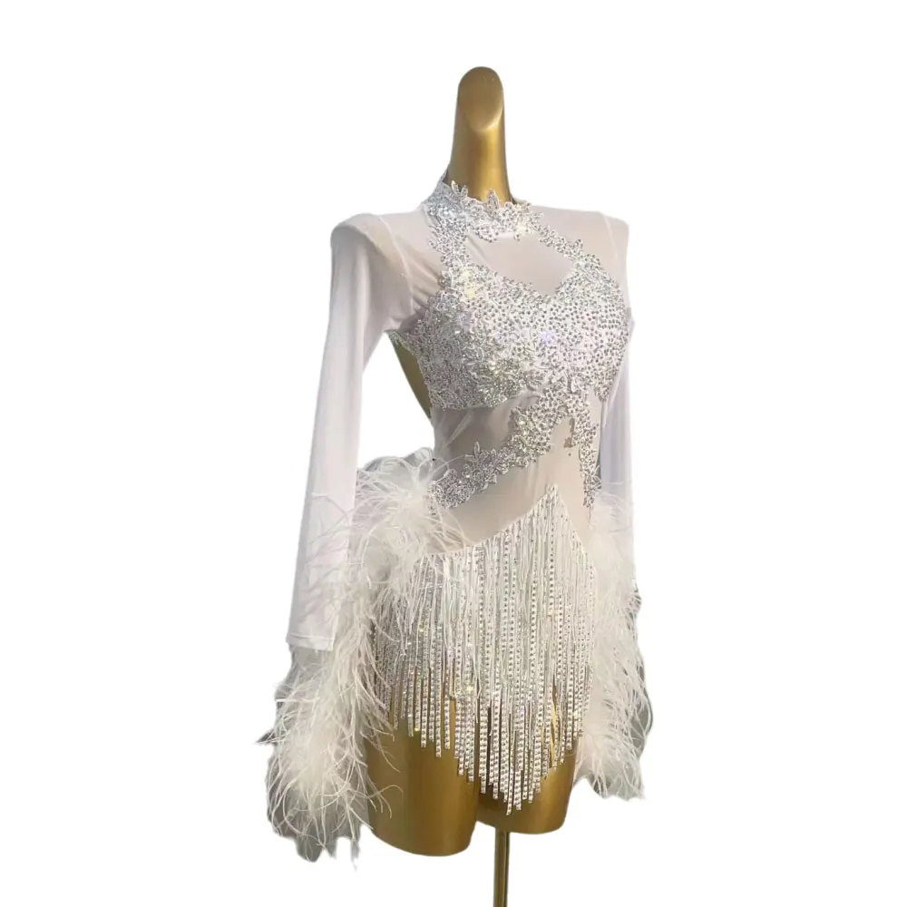 Latin Dance Competition Women's High-end Custom Chiffon Velvet Tassel Tail Tango Samba Rhinestone Dress