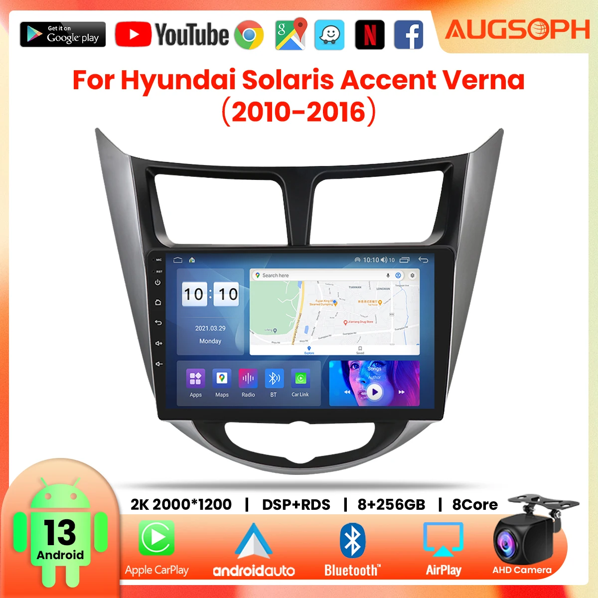 

Автомагнитола на Android 13 для Hyundai Solaris, Accent, Verna 2010-2016, 9 дюймов, 2K, мультимедийный плеер с 4G Car Carplay и 2Din GPS