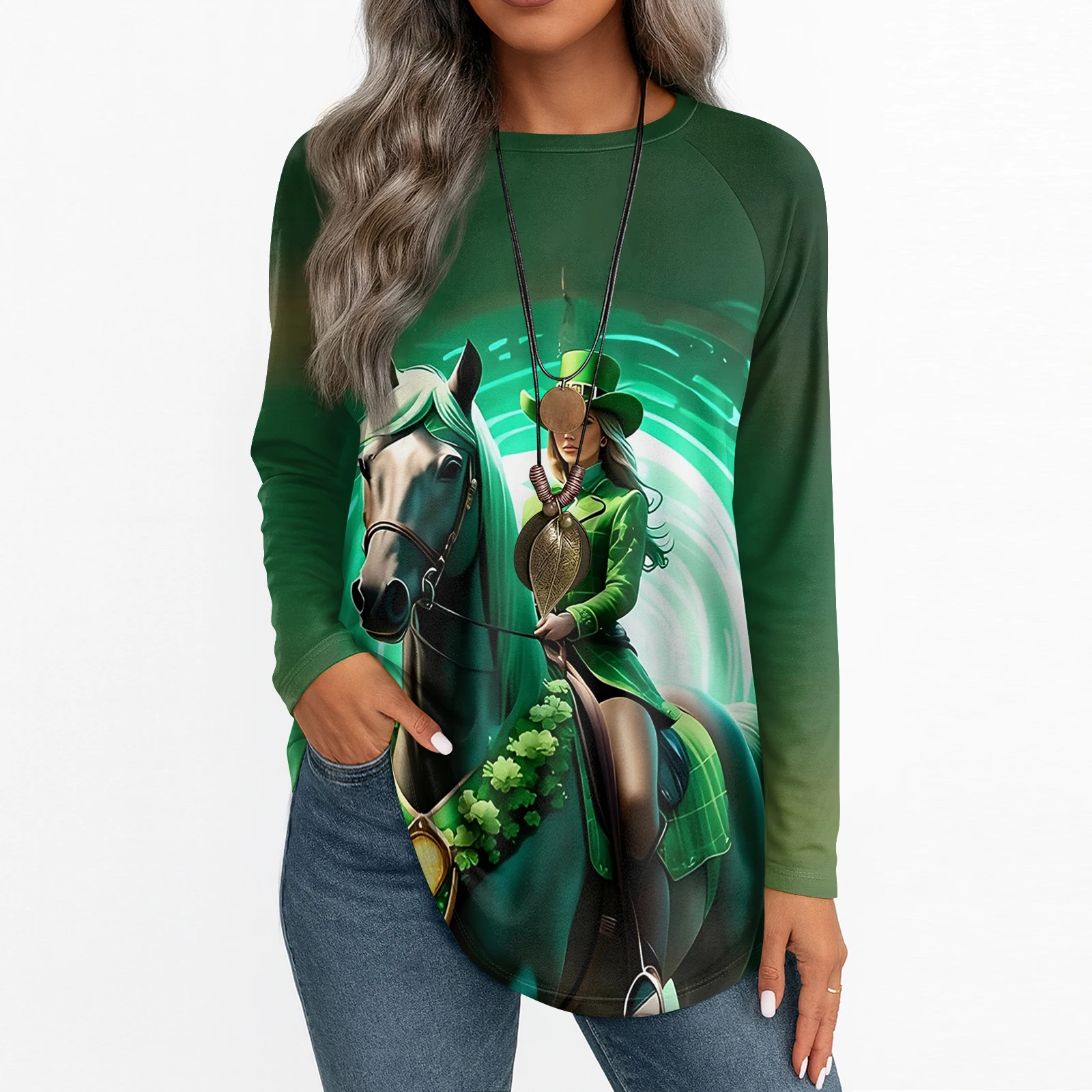 

Women'S Green St Patrick Horse Print Long-Sleeve Top Crew-Neck Pocket Blouse Adult Daily Casual 2026 Trendy Unique Apparel Traje