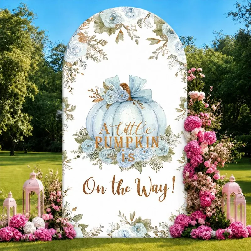 

Single Side Arch Backdrop Cover Elegant Autumn Pumpkin Theme Backdrop for Parties Featuring Floral Arch Design with Blue Pumpkin