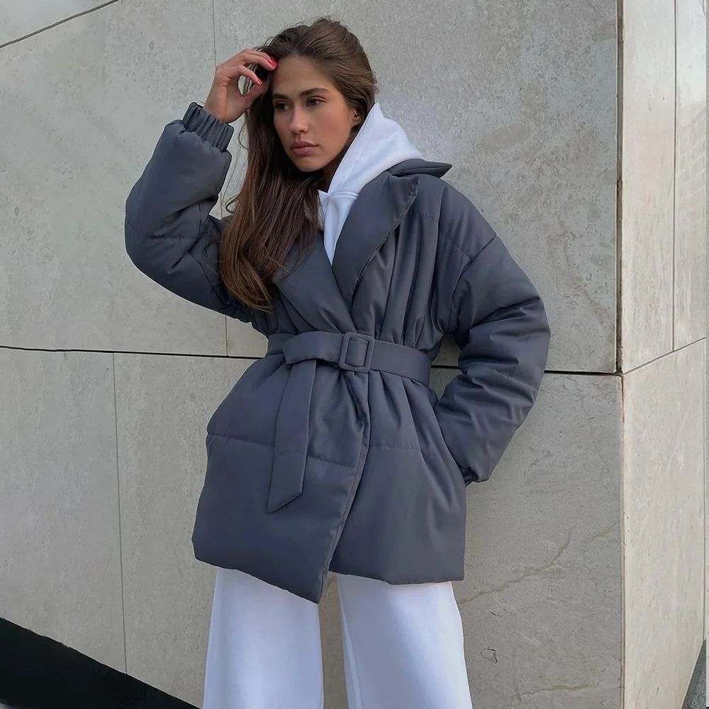 Lapel Cotton Clothes Winter New Thickened and Thin Waist Solid Color Belt Cotton Clothes Jacket Texture Unique Fashion Simple
