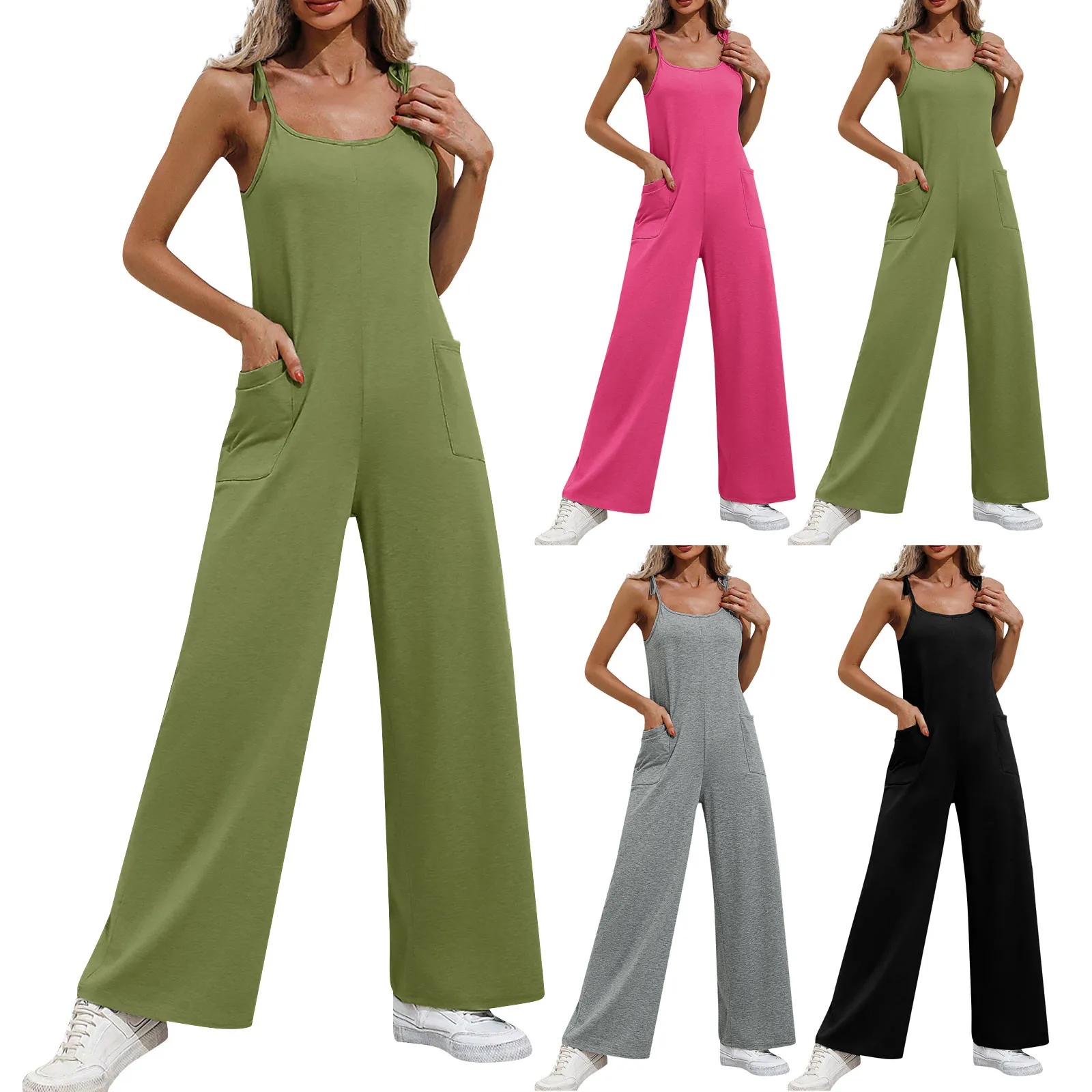 

Women'S Summer Jumpsuits Fashion Solid Color Sleeveless Camisole Jumpsuits Loose Straight Wide Leg Jumpsuits With Pockets