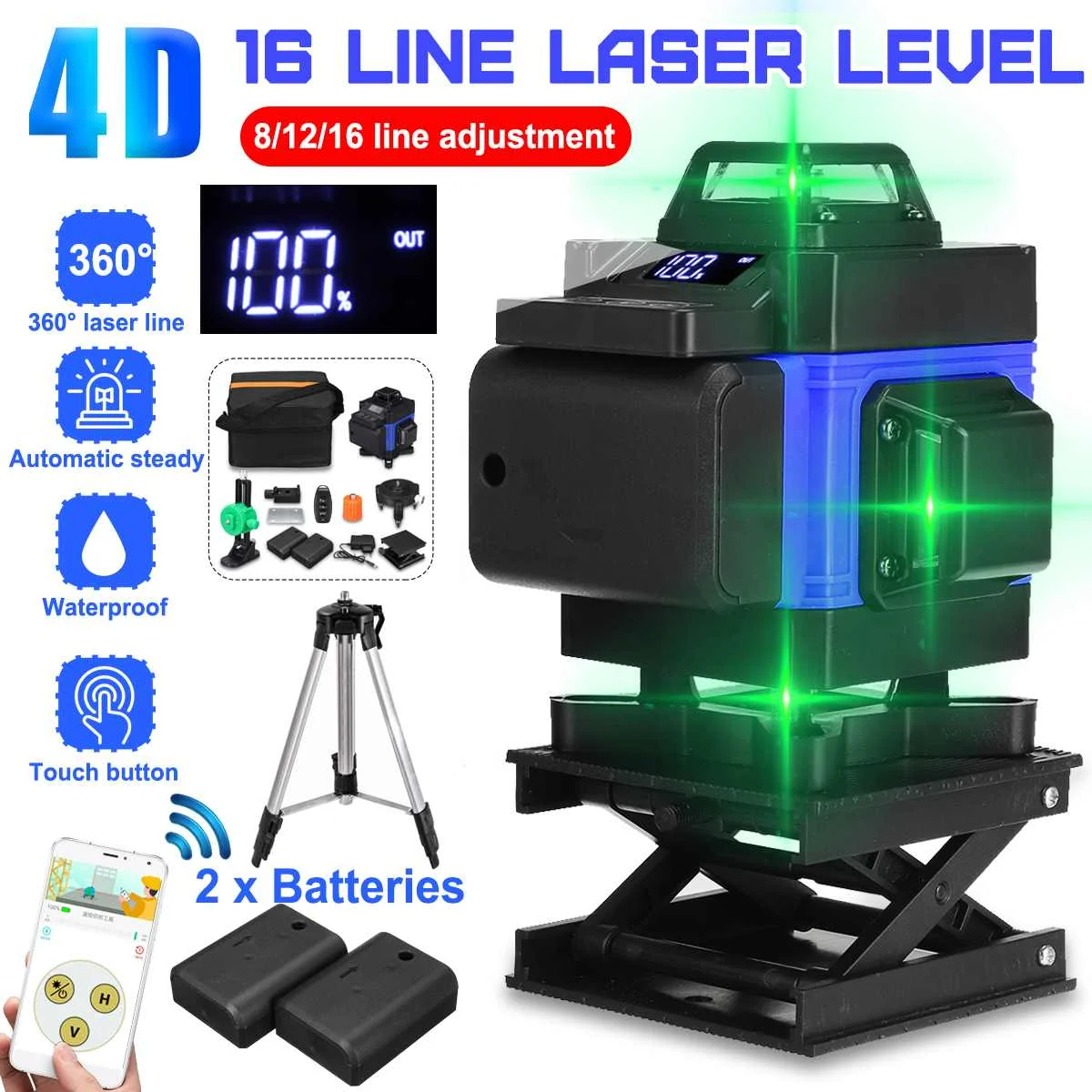 FASGet 16 Lines APP Control Laser Level 4D Self-Leveling 360 Horizontal and Vertical Cross Green Laser Beam Linew w/ 2 Battery