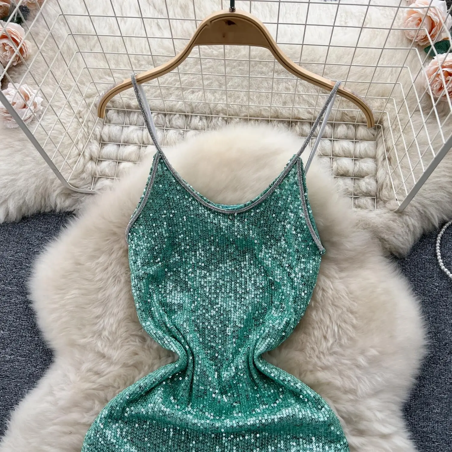 Foamlina-Robe de Soirée Longue à Paillettes pour Femme, Tenue Sexy à Bretelles Spaghetti, Dos aux, Slim, Haute Fente, Vert