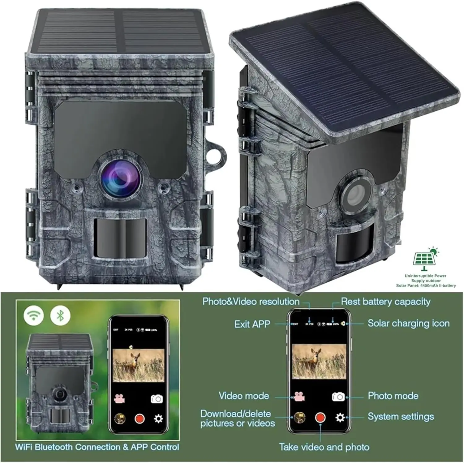 4K Wifi Trail Camera All-in One Structure Wildlife Trail Cam Wifi Solar Panel Camera Hunting Camera Night Vision Waterproof IP66