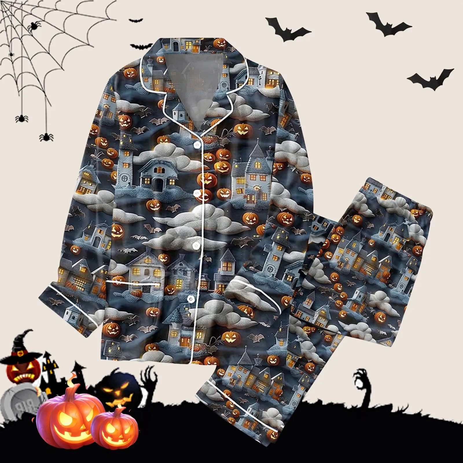 2 Piece Pajama Set Women\'s Halloween Nightgown Satin Silk Shirt Long Pants Women 2024 Halloween Pumpkin Graphic Long Pajama Set