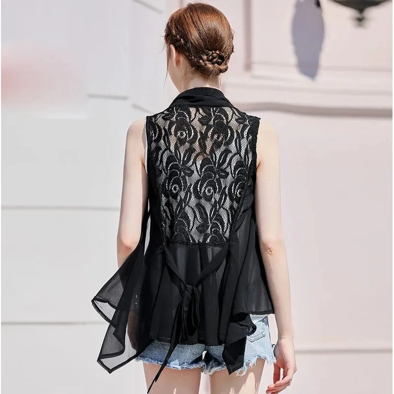 

2022 New Fashion Women Chiffon Vest Casual Sleeveless Gilet Femme Summer Thin Loose Lace Patchwork Waistcoat Cardigan