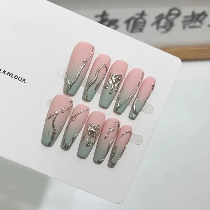 10Pcs /Set Full Cover False Nails Press on Nails Fake Nails Diy Pure Handmade Removable Gradual Magic Mirror Love