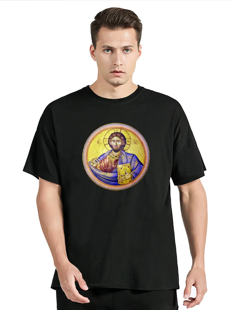 Jesus Christ Pantocrator Icon Sinai Orthodox Christian Graphic Fitness T-shirt Cotton Tops Tees Men's Clothing Oversized Tshirt