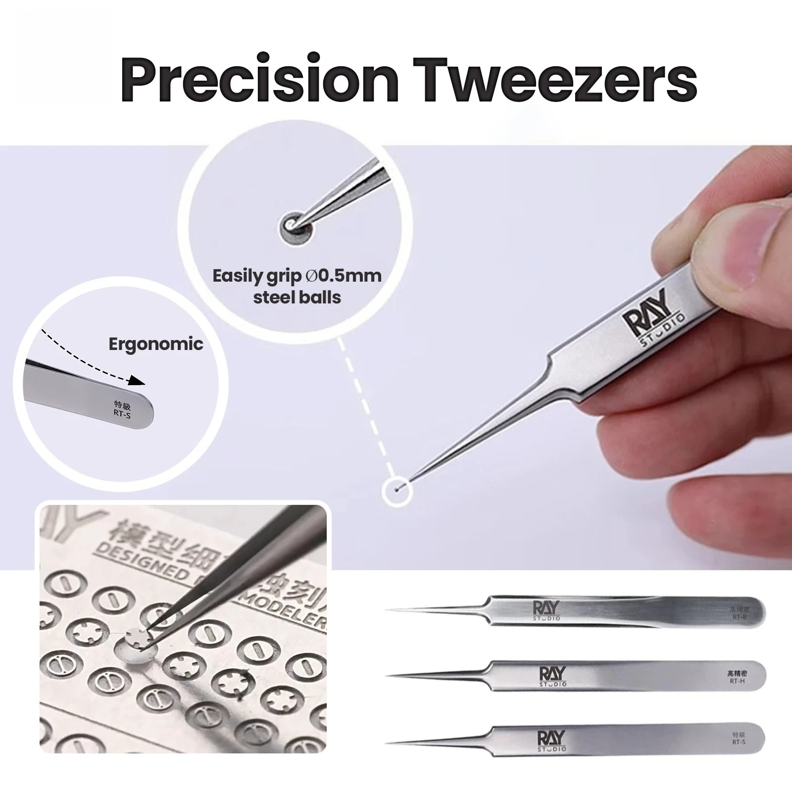 RAY Studio Ultra Fine Stainless Steel Precision Tweezers Military Model Hobby Tool For Water Decals Tiny Parts DIY Craft Making