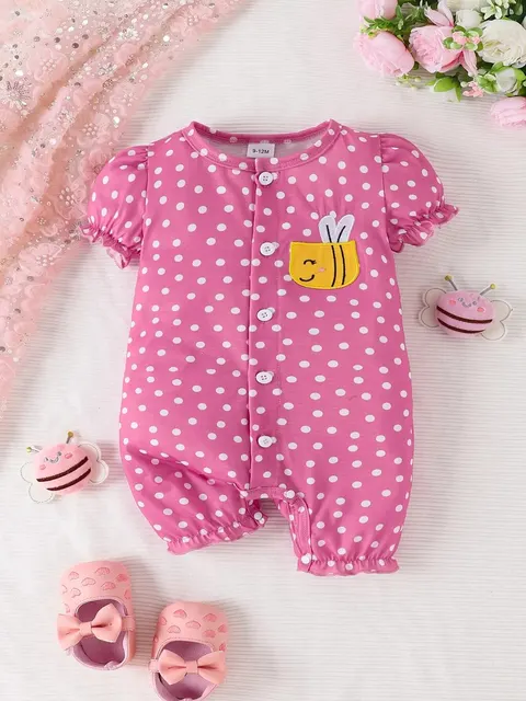 Letnie dziewczynek śliczne dorywczo wygodne oddychające spodenki z krótkim rękawem kombinezon Polka Dot nadrukowany wzór noworodek
